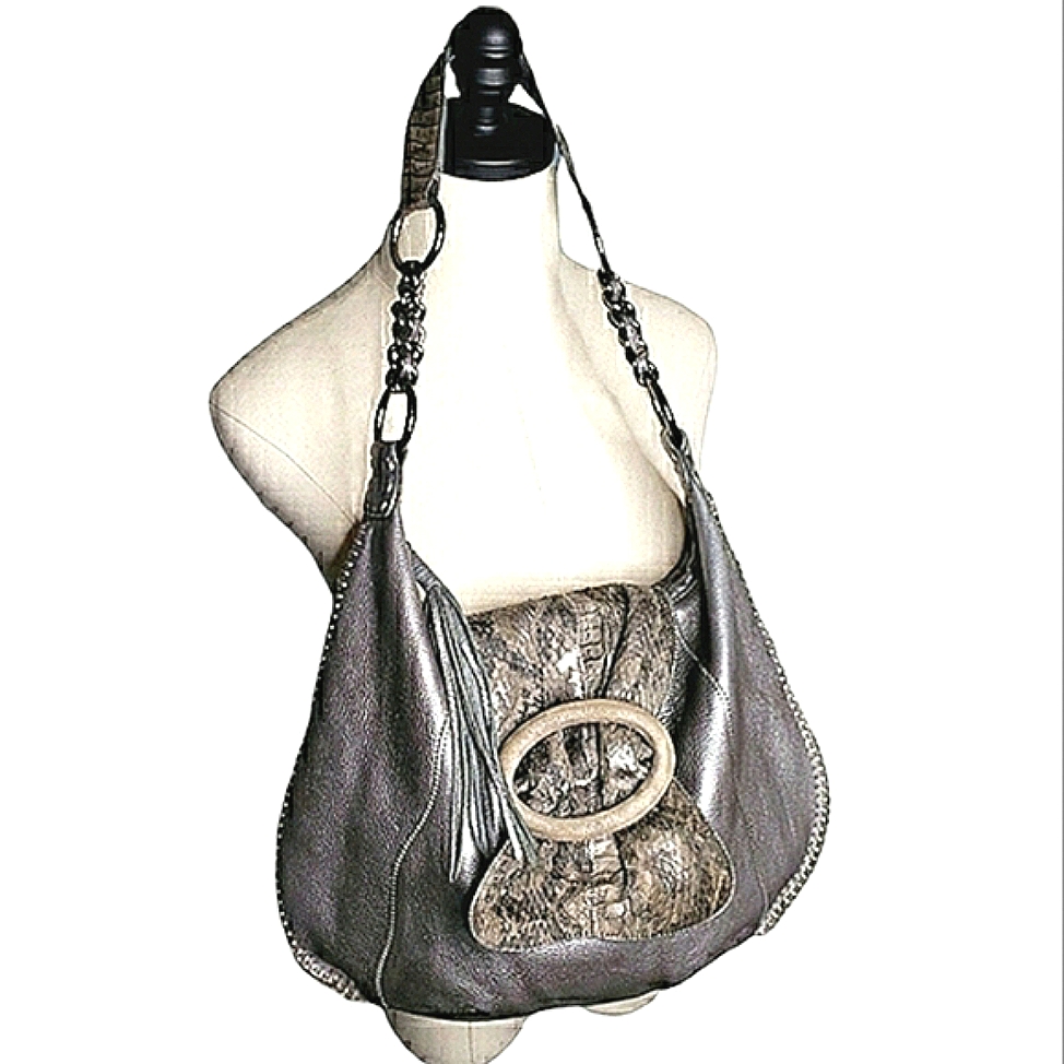 Suede Pebble Leather Metallic Mob Wife Boho Hobo Bag Carlos Falchi Snake Bag